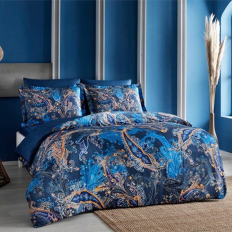 Lenjerie pat dublu satin 6 piese TAC DELUX Digital Marisol albastru paisley