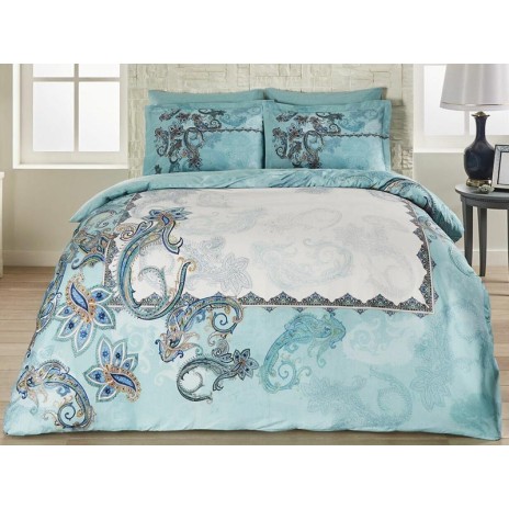 Lenjerie de pat cu design paisley și accente florale în nuante de albastru și turcoaz, model Della