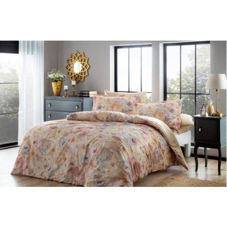 Lenjerie de pat dublu satin de lux TAC model Morne cu imprimeu floral digital și nuanțe pastelate, fabricată din 100% bumbac satinat.