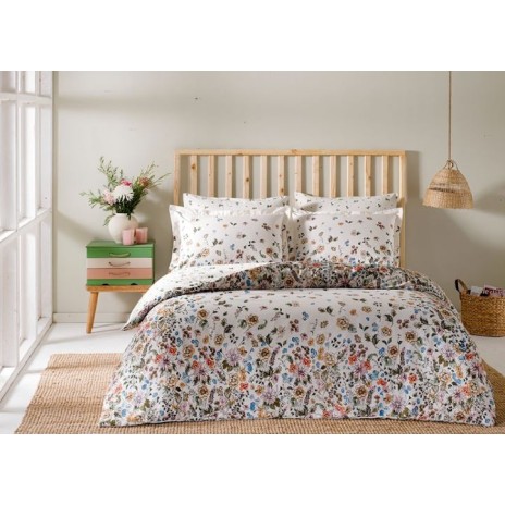 Lenjerie de pat satin de lux 6 piese TAC Delux Digital Noire, cu flori colorate, fundal alb, bumbac satinat