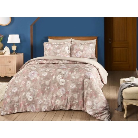 Lenjerie de pat cu design floral subtil pe nuanțe de gri și roz pal, model Penon