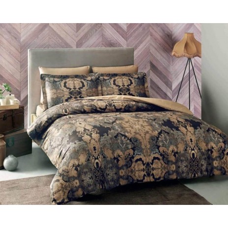 Lenjerie de pat dublu din satin maro și bej, model Plein, cu imprimeu digital baroc