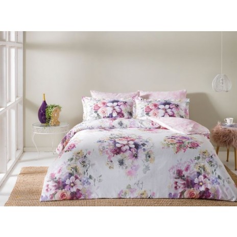 Lenjerie de pat satin de lux 6 piese TAC Delux Digital Pliva, cu flori, imprimeu digital, bumbac satinat
