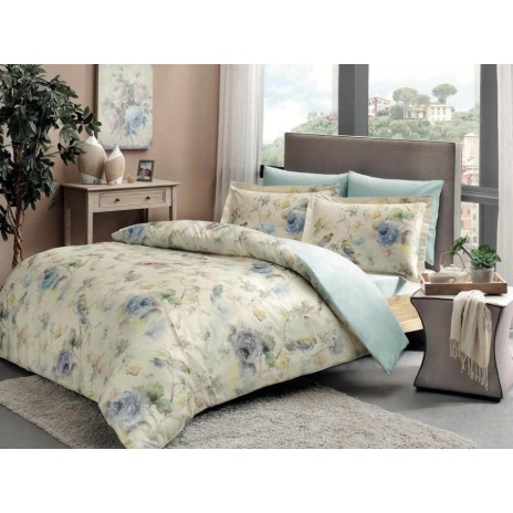 Lenjerie de pat Prelude cu imprimeu cu flori pastelate în nuanțe de albastru, verde și galben, din bumbac satinat 100%, set de 6 piese