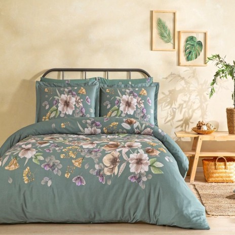 Lenjerie de pat Rodon Yesil, bumbac satinat, imprimeu floral multicolor pe fundal verde, set 6 piese