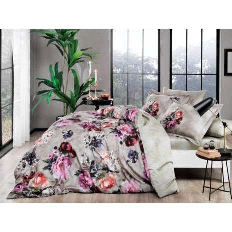 Lenjerie de pat TAC Selva Bej cu imprimeu floral digital bej și multicolor pe bumbac 100% satinat mercerizat, include cearceaf de pat, husă de pilotă și fețe de pernă