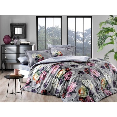Lenjerie de pat TAC Selva Gri cu imprimeu floral digital gri și multicolor pe bumbac 100% satinat mercerizat, include cearceaf de pat, husă de pilotă și fețe de pernă