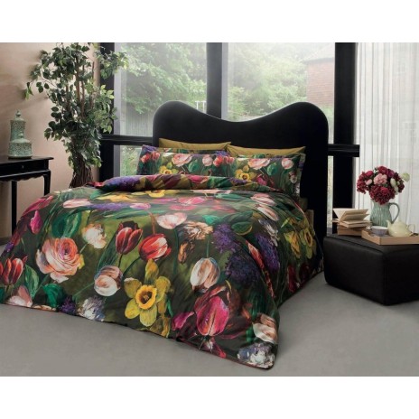 Lenjerie de pat dublu din satin verde cu flori și imprimeu digital, model Seraphina