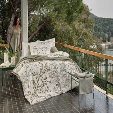Lenjerie pat dublu satin 6 piese TAC DELUX Digital Windsor model floral verde elegant