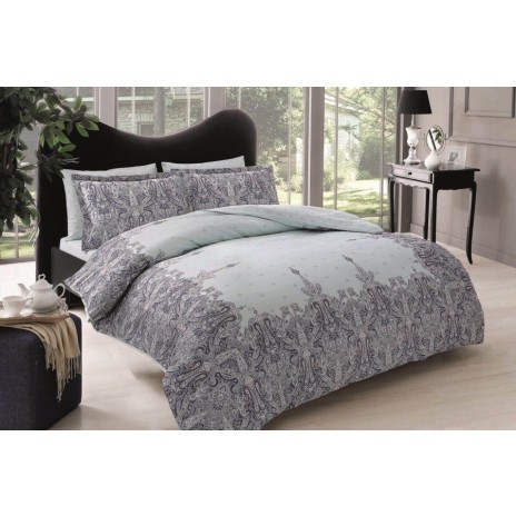 Lenjerie de pat paisley albastru și gri din bumbac satinat TAC, model Zafirah, set complet