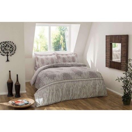 Lenjerie de pat dublu din bumbac satinat model Elise Gri cu imprimeu digital gri și crem, 6 piese
