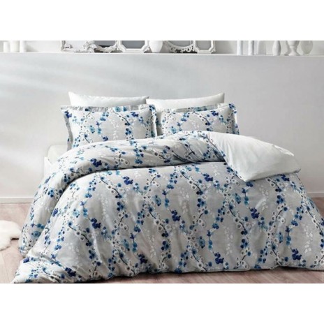 Lenjerie de pat TAC Deana bumbac satinat, imprimeu digital floral albastru și alb, 6 piese ​