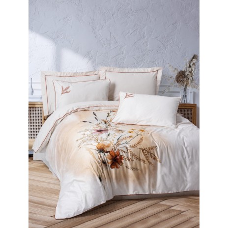 Lenjerie de pat CottonBox Elite Ecru, design floral digital crem și portocaliu, bumbac 100% satinat mercerizat