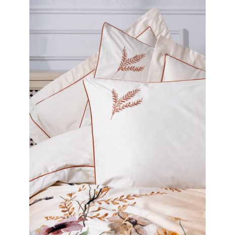 Lenjerie de pat CottonBox Elite Ecru, design floral digital crem și portocaliu, bumbac 100% satinat mercerizat