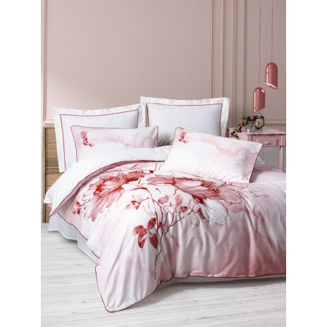 Lenjerie de pat CottonBox Gules Red, design floral digital alb și roșu, bumbac 100% satinat mercerizat