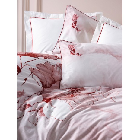 Lenjerie de pat CottonBox Gules Red, design floral digital alb și roșu, bumbac 100% satinat mercerizat