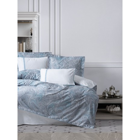Lenjerie de pat CottonBox Stilla Blue, design abstract albastru și gri, bumbac 100% satinat mercerizat