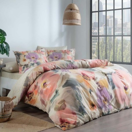lenjerie pat dublu bumbac satinat TAC Aurea imprimeu floral pastel digital