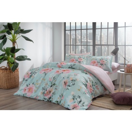 Lenjerie de pat satin de lux cu flori în nuanțe de roz, portocaliu și galben pe fundal verde pastel TAC Huron