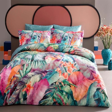 lenjerie pat dublu bumbac satinat TAC Jupiter imprimeu tropical colorat