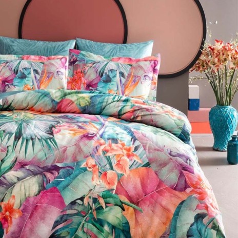 lenjerie pat dublu bumbac satinat TAC Jupiter imprimeu tropical colorat