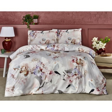 Lenjerie de pat Lyric cu imprimeu digital cu flori pastelate, din bumbac satinat 100%, set de 6 piese