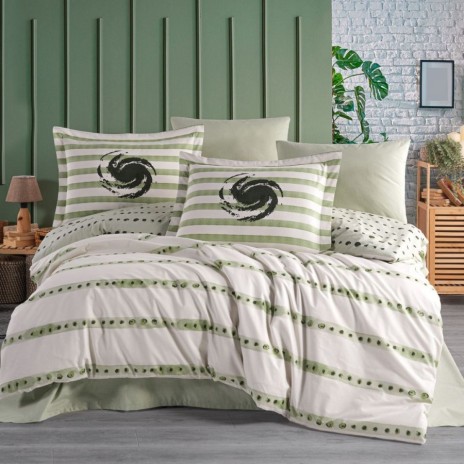 Lenjerie pat dublu Squal forest Hobby Home poplin percale model geometric verde cu dungi si accente abstracte