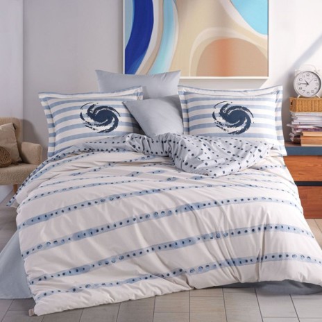 Lenjerie pat dublu Squal Sea Hobby Home poplin percale model geometric albastru cu dungi si accente abstracte