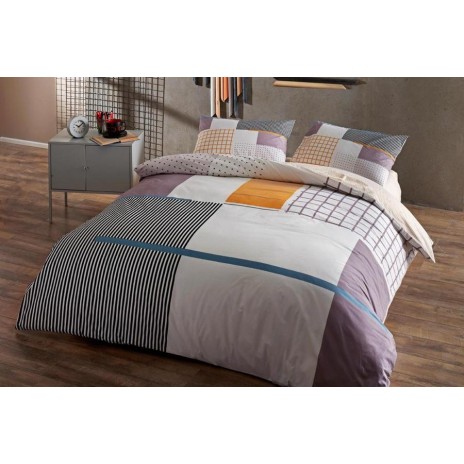 Lenjerie de pat dublu bumbac 100% Ranforce, cearșaf elastic 160x200 cm, design geometric și dungi colorate.