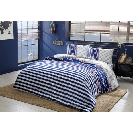 Lenjerie de pat dublu bumbac 100% Ranforce, cearșaf elastic 160x200 cm, design nautic cu dungi albastre și albe.