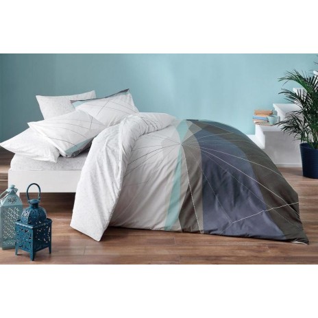 Lenjerie de pat dublu bumbac 100% Ranforce, cearșaf elastic 160x200 cm, design modern cu linii gri, alb și turcoaz.