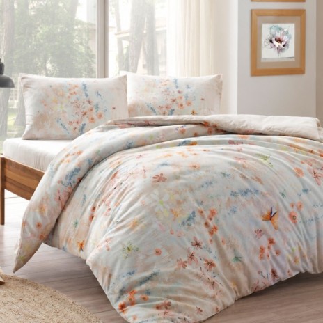 Lenjerie pat dublu TAC Mako Satin July bumbac satinat model floral pastelat somon