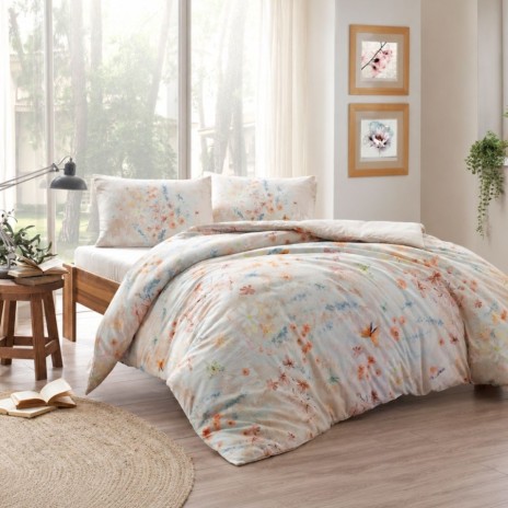 Lenjerie pat dublu TAC Mako Satin July bumbac satinat model floral pastelat somon