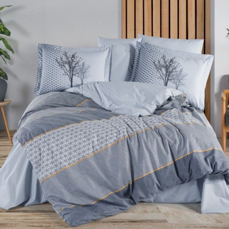 Lenjerie pat dublu Tanya indigo Hobby Home poplin percale model geometric cu arbori indigo bleu gri