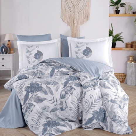 Lenjerie pat dublu Tiffany Denim Hobby Home poplin percale model botanic albastru cu frunze stilizate