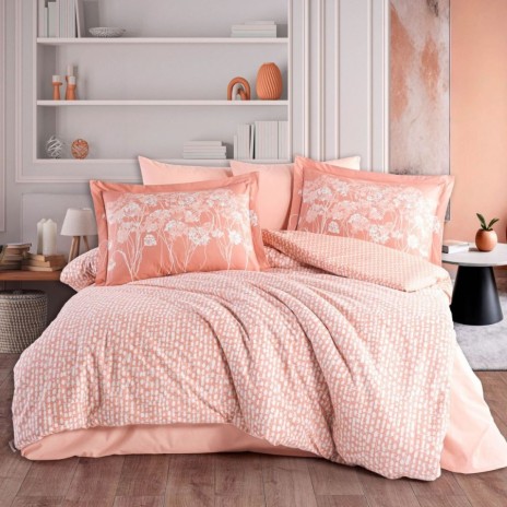 Lenjerie pat dublu Velura teracota Hobby Home poplin percale model floral discret piersica alb
