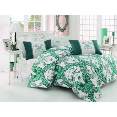 Lenjerie de pat BHPC 024-Green cu nuanțe de verde și alb, design elegant și logo iconic