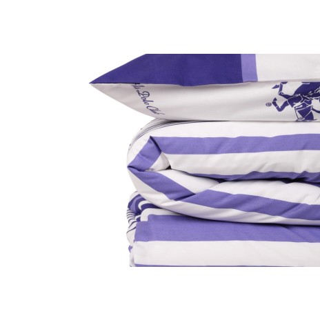 Lenjerie de pat Beverly Hills Polo Club din bumbac 100% ranforce cu dungi albastre și albe și fețe de pernă cu logo.