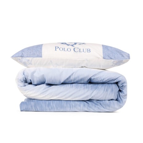 Lenjerie de pat BHPC-030 din bumbac 100% ranforce, design albastru, alb și gri, cu logo Beverly Hills Polo Club și detalii geometrice elegante.
