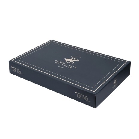 Lenjerie de pat BHPC-030 din bumbac 100% ranforce, design albastru, alb și gri, cu logo Beverly Hills Polo Club și detalii geometrice elegante.