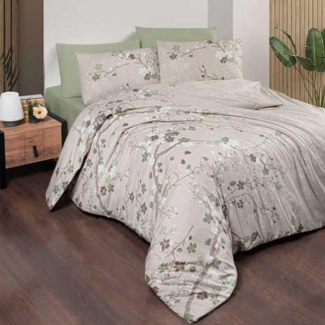 Lenjerie de pat Luhan din bumbac 100% ranforce, verde cu ramuri și flori delicate, 7 piese, ambalată în cutie cadou.