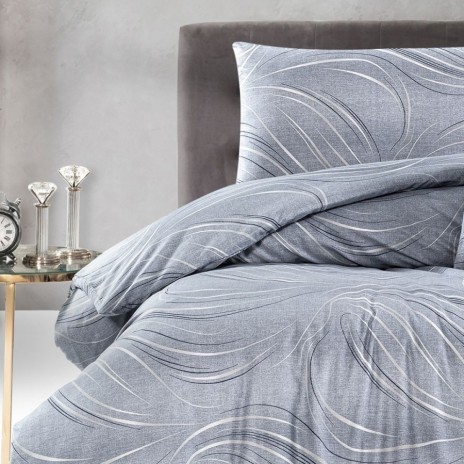 Lenjerie de pat Donis, model cu linii ondulate albe pe fundal gri, din bumbac 100% ranforce, 4 piese, cearsaf cu elastic, saltele 140x200 cm și 160x200 cm, design elegant