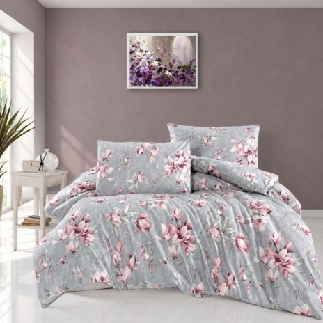 Lenjerie de pat gri cu magnolii Marea, bumbac 100%, 4 piese, cearșaf elastic, saltele 140x200 cm și 160x200 cm, design floral elegant roz