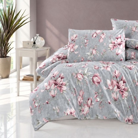 Lenjerie de pat gri cu magnolii Marea, bumbac 100%, 4 piese, cearșaf elastic, saltele 140x200 cm și 160x200 cm, design floral elegant roz