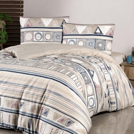 Lenjerie de pat Bohem Ecru cu model geometric, din bumbac 100% ranforce, 4 piese, cearsaf cu elastic, saltele 140x200 cm și 160x200 cm, design delicat roz, alb