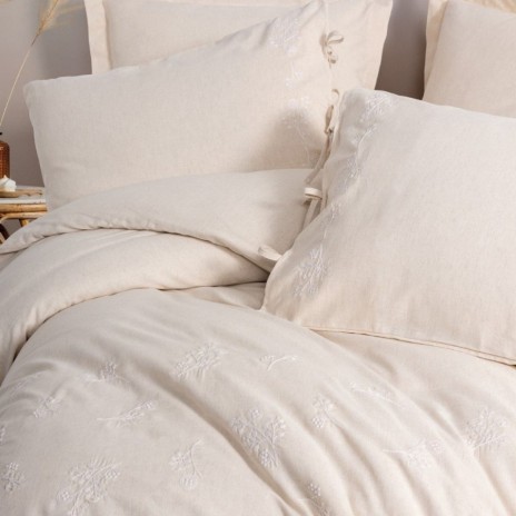 Lenjerie de pat din in si bumbac Esmira Bej - Cotton Box, 6 piese, cu broderie florala si fundite decorative