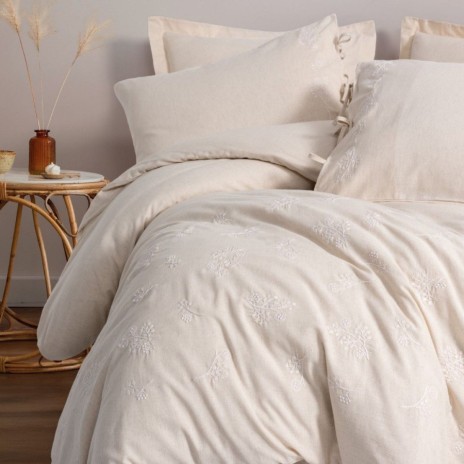 Lenjerie de pat din in si bumbac Esmira Bej - Cotton Box, 6 piese, cu broderie florala si fundite decorative