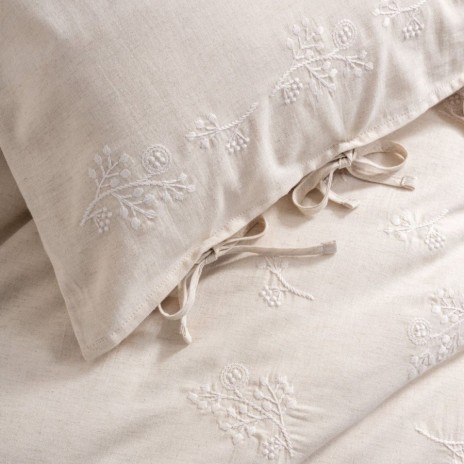 Lenjerie de pat din in si bumbac Esmira Bej - Cotton Box, 6 piese, cu broderie florala si fundite decorative