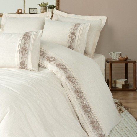 Lenjerie pat in si bumbac cu broderii Floro Crem - Cotton Box, 6 piese, crem cu model floral bej