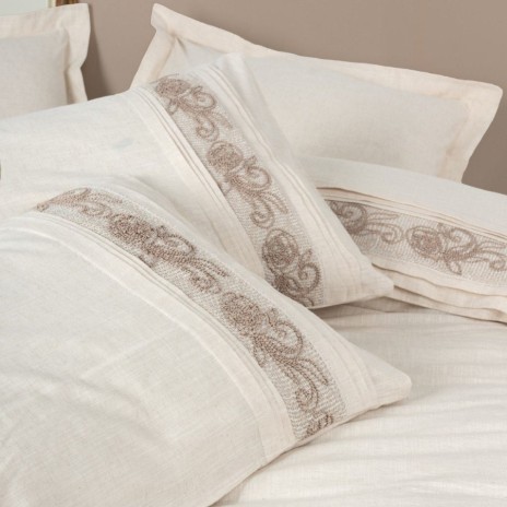 Lenjerie pat in si bumbac cu broderii Floro Crem - Cotton Box, 6 piese, crem cu model floral bej